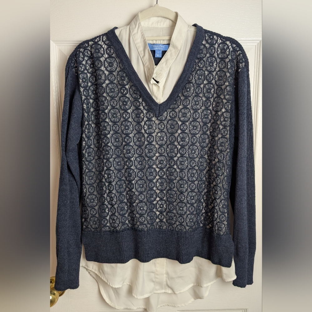 Vera Wang Navy Lace V-Neck Blouse, Lace Overlay